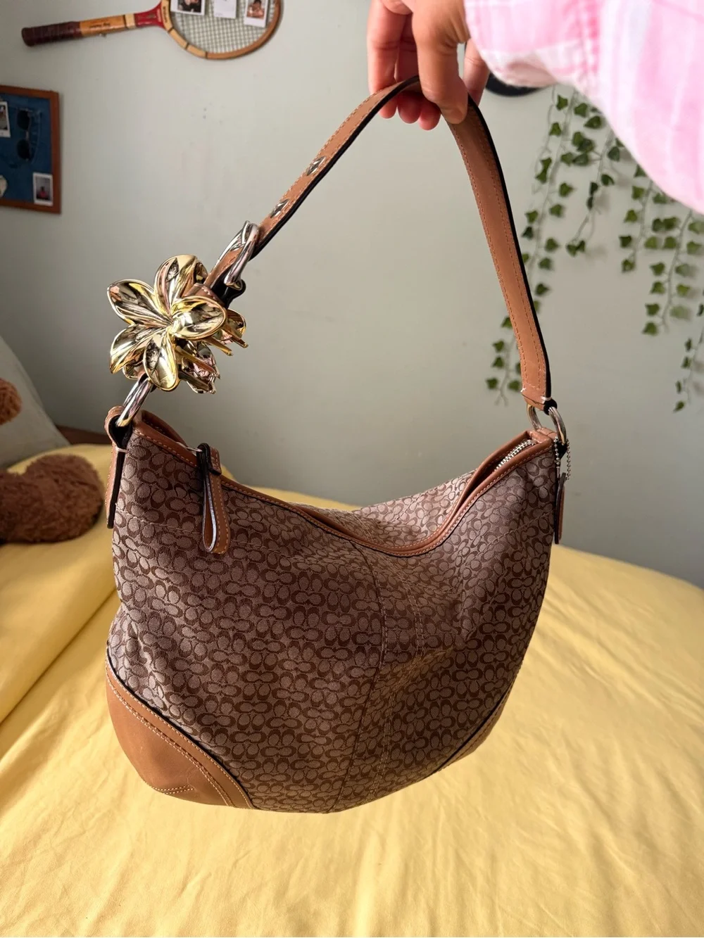 Coach Brown Signature Logo Hobo with Gold Flower Charm